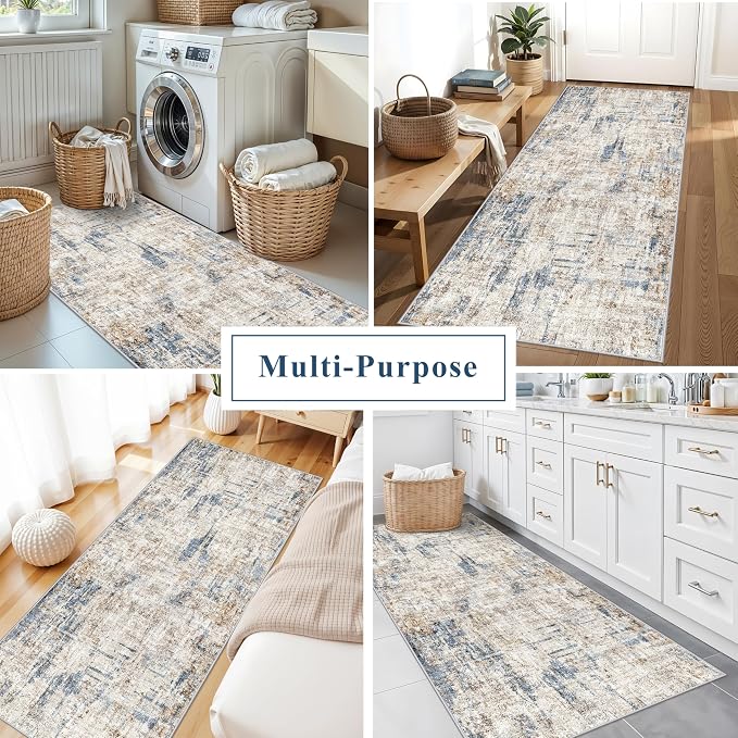 3x8 Washable Non-Slip Runner Rug Modern Abstract Neutral Wide Carpet Runner