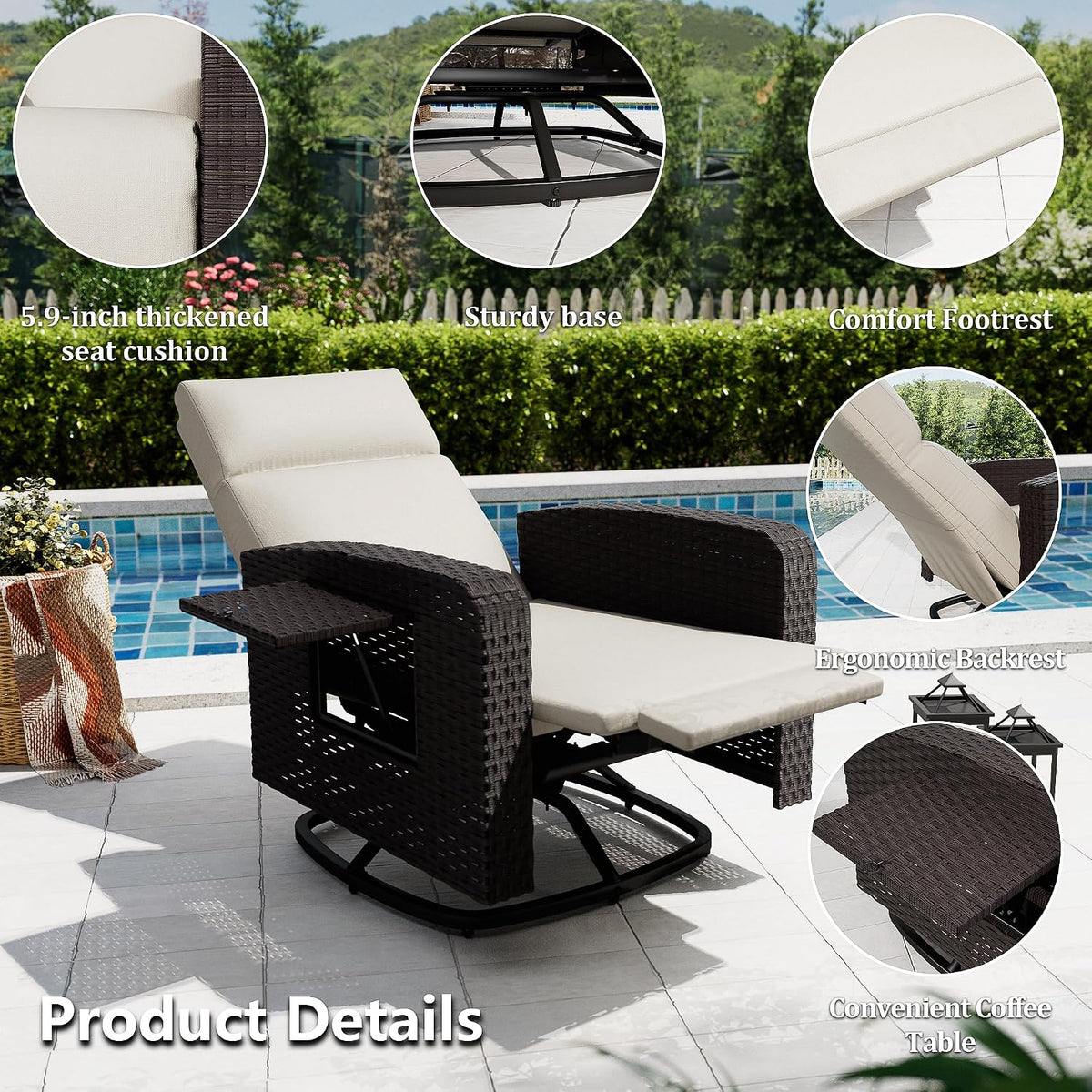 Outdoor Swivel Recliner Chair,Dual-Adjust Outdoor Patio Chair with Adjustable Backrest and Footrest,Wicker Patio Chair with Flip-Up Table for Living Rooms,Pools,Balconies,patios,courtyards