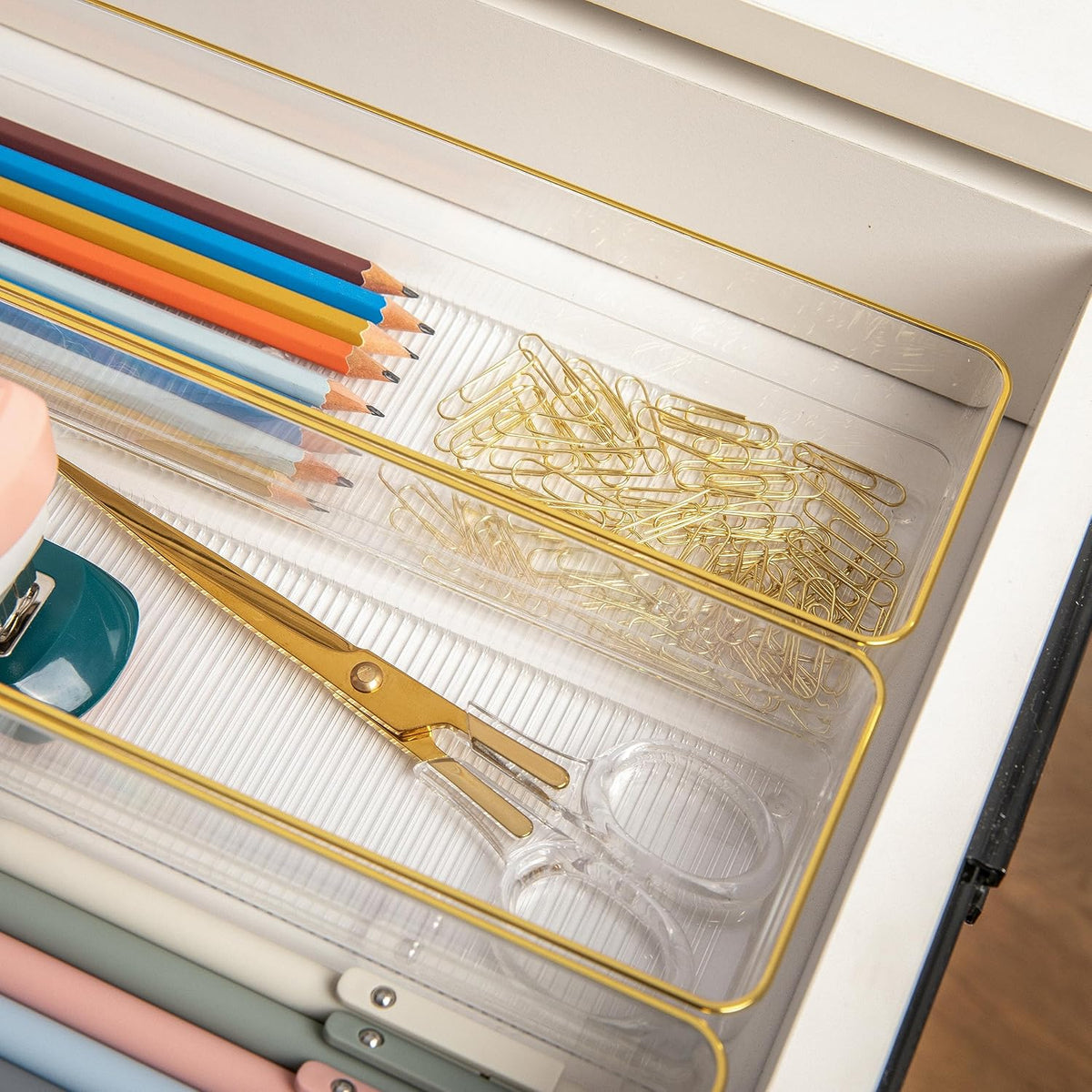Martha Stewart Kerry Stackable Desk Drawer Organizers, Clear/Gold, 8-Pack