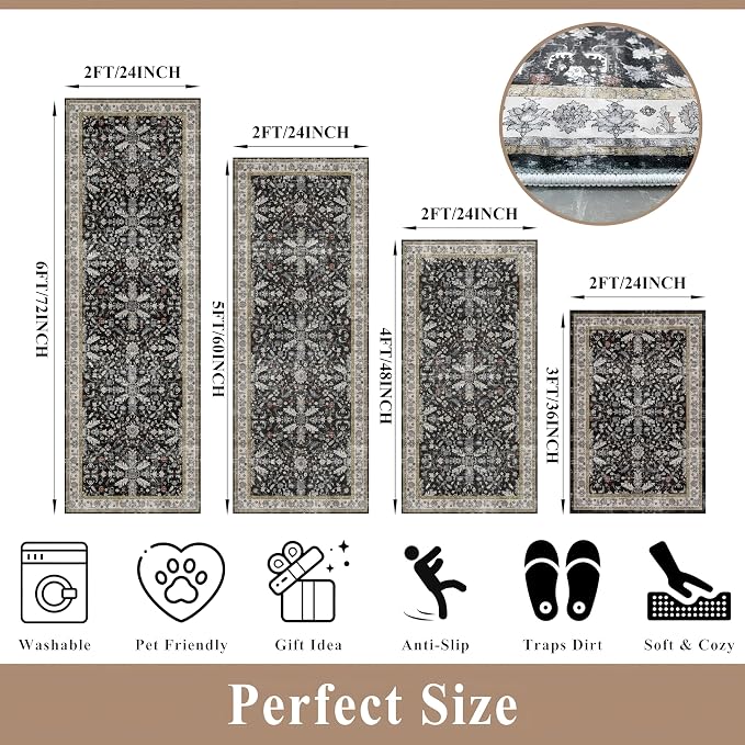 Kitchen Rug Sets 4-Piece with Runner – Washable Non-Slip Floor Mats