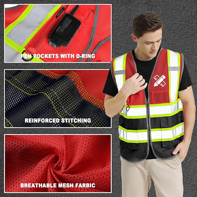 5 Pack Custom Safety Vest Customized Logo Mesh Vest Class 2 High Visibility Reflective Vest with Pockets Workwear（Red Black，XL ）