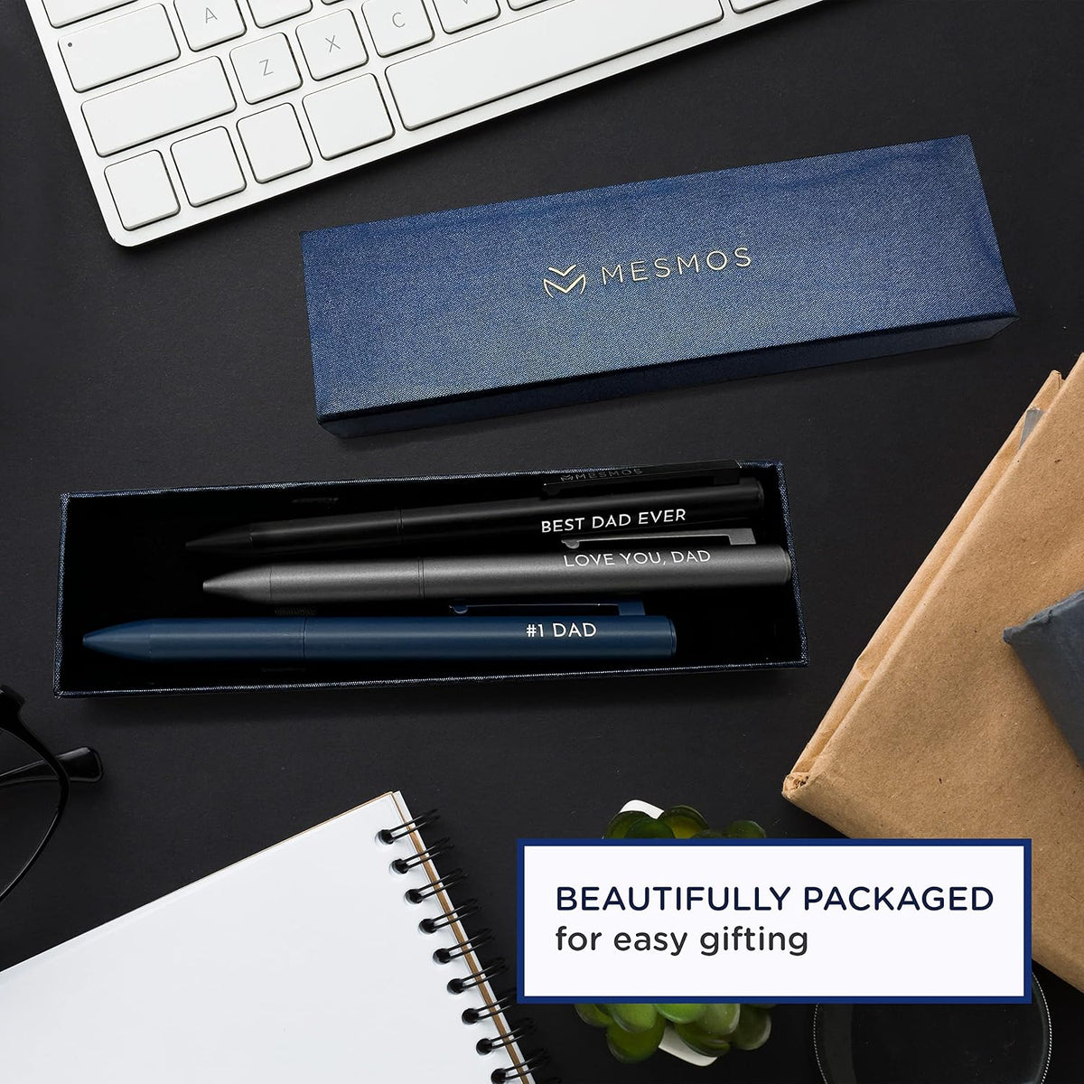 MESMOS Dad Pen Set, Best Ever Birthday Gift for Him from Daughter Son Wife, 3 Engraved Luxury Metal Ballpoint Pens, Cool #1 Dad Gift, Black Ink, Smooth German-Made Writing