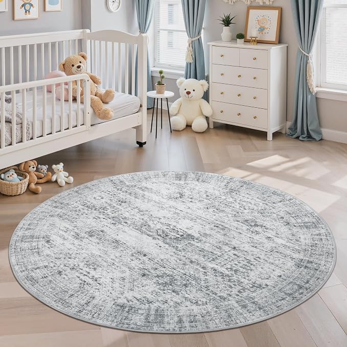 Soalmost 5x5 Grey Round Rug 5ft Living Room Circle Rug Vintage Gray Round Area