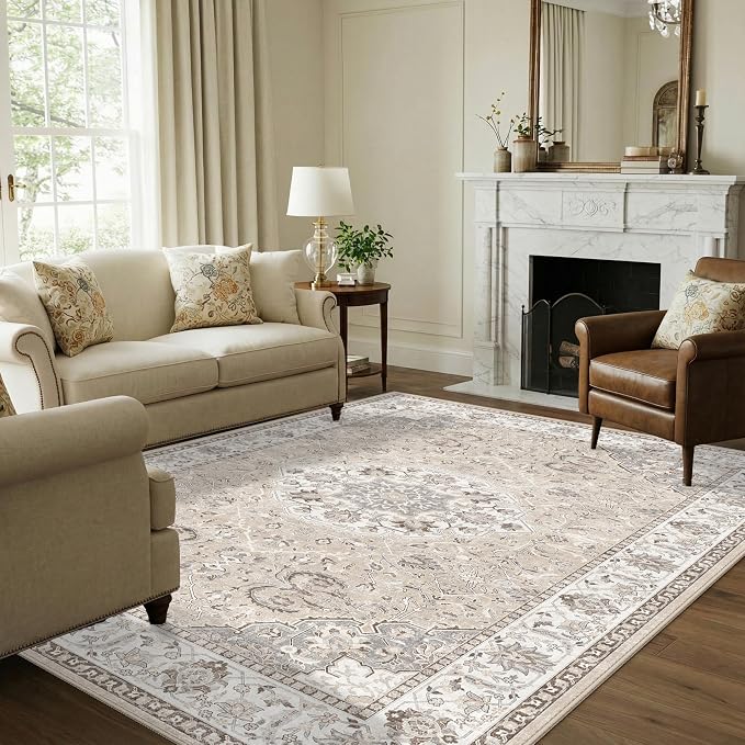7x10 Area Rug for Living Room: Washable Neutral Vintage Large Rugs for Bedroom