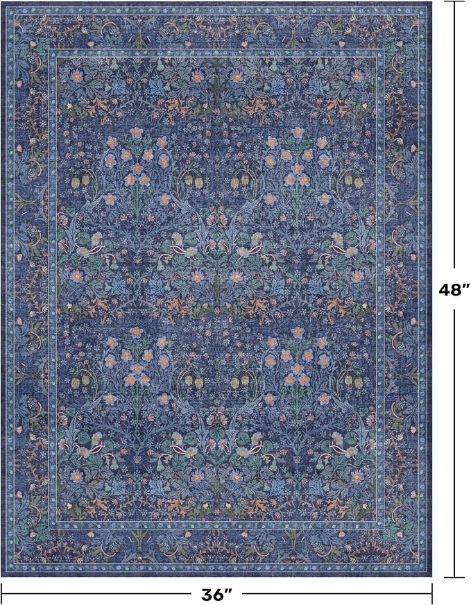 Vintage Dark Blue 3x4 Entryway Rug, Washable Small Area Rugs