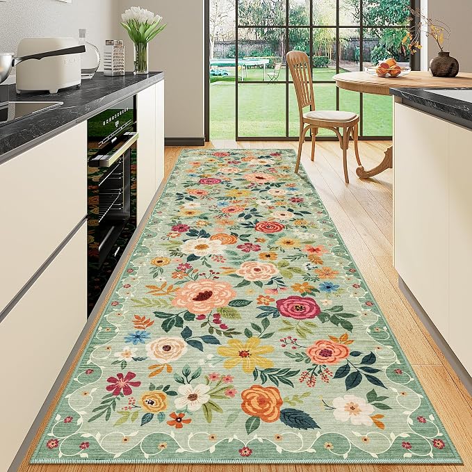 DUKINO 3x10 Runner Rug for Hallway, Washable Kitchen Floral Runner Rug
