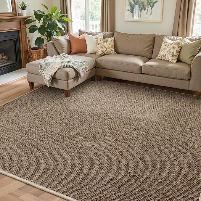 Faux Jute Area Rug 9'x12', Washable & Non-Slip, Taupe | 0.27" Low Pile Easy