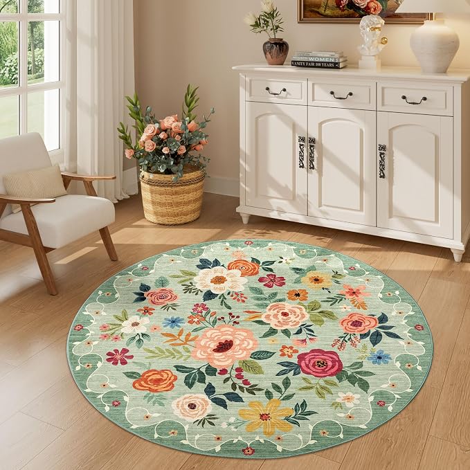 DUKINO Floral Round Rug, 4ft Washable Round Area Rug, Non Slip Indoor Low Pile