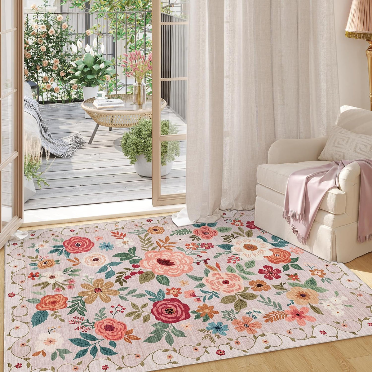 DUKINO 4x6 Area Rug, Floral Washable Rug Non Slip Office Chair Mat, Beige