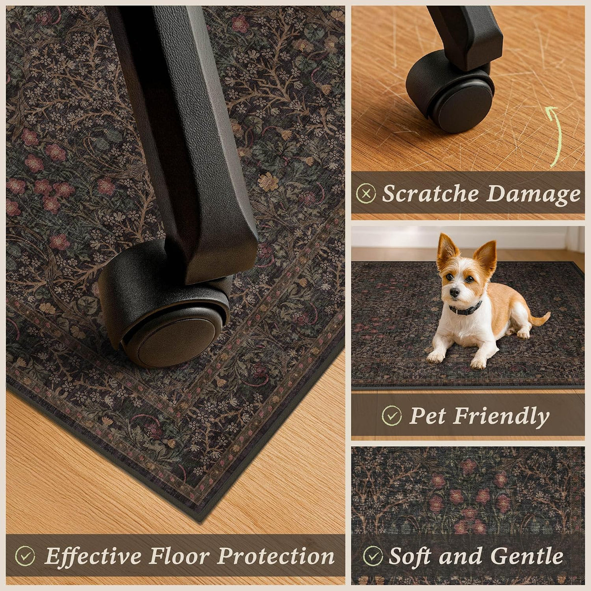 JTJ Office Chair Mat for Hardwood Floors, 36" x 48" Dark Brown Floral Rug