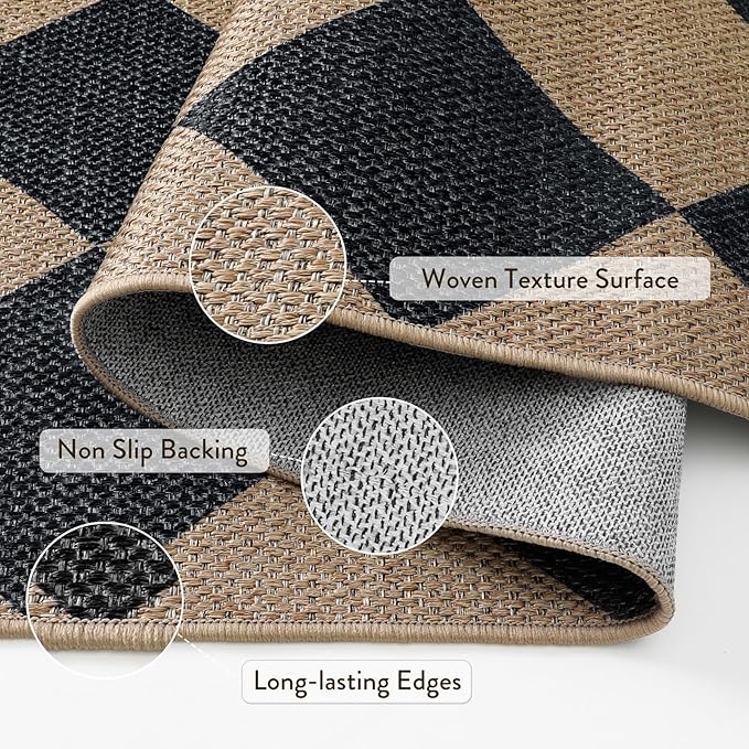 Lahome Checkered Easy Jute Non Slip Kitchen Runner, Checkerboard Indoor Outdoor