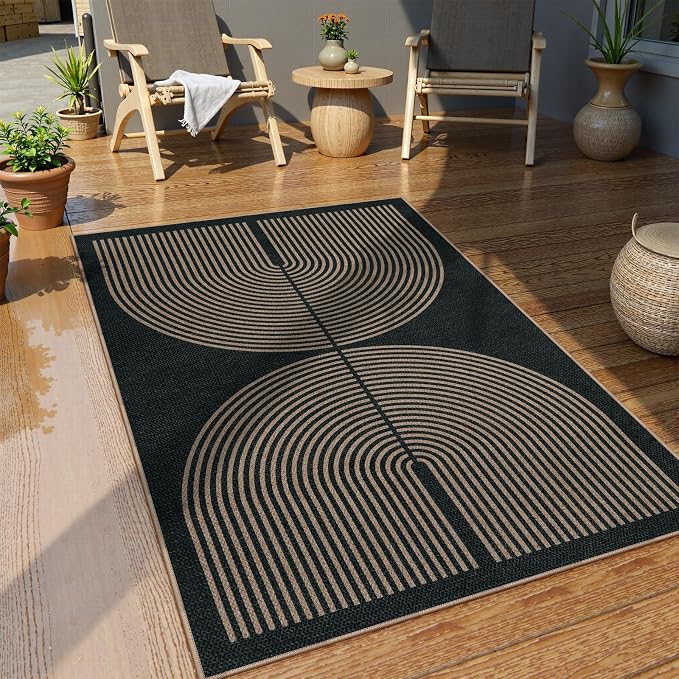 Lahome Enfys Modern Rainbow Easy Jute Outdoor Patio Rug, 3x5 Black Washable Rugs