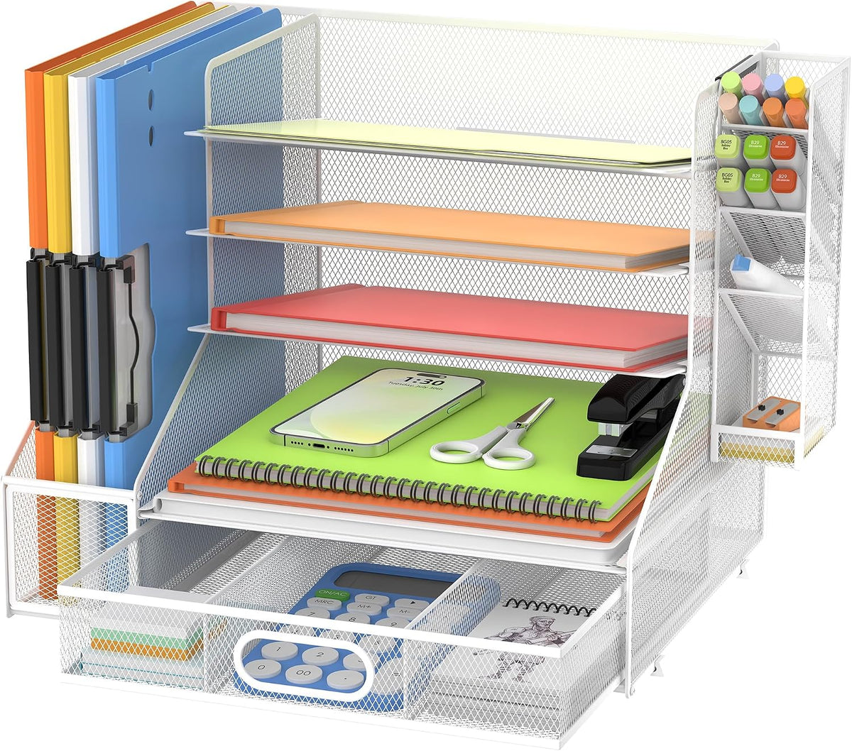 5-Tier Desk Organizer with File Holder & Pen Holder & Sliding Drawer, White
