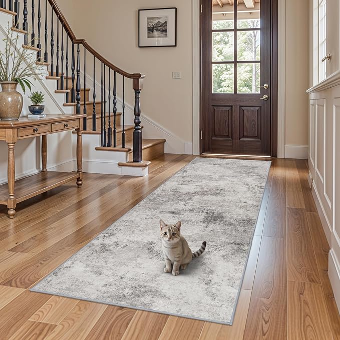 Grey Abstract 3x8 Washable Hallway Runner Rug | Non Slip Low Pile Soft Carpet