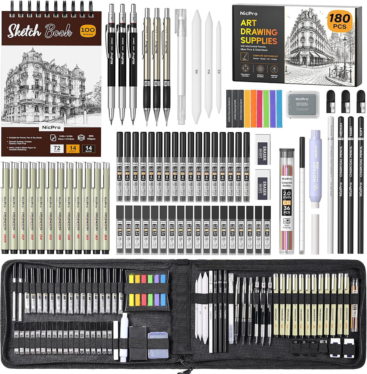Nicpro 180 PCS Art Drawing Supplies Kit, Pro Art Supplies for Adult & Teens