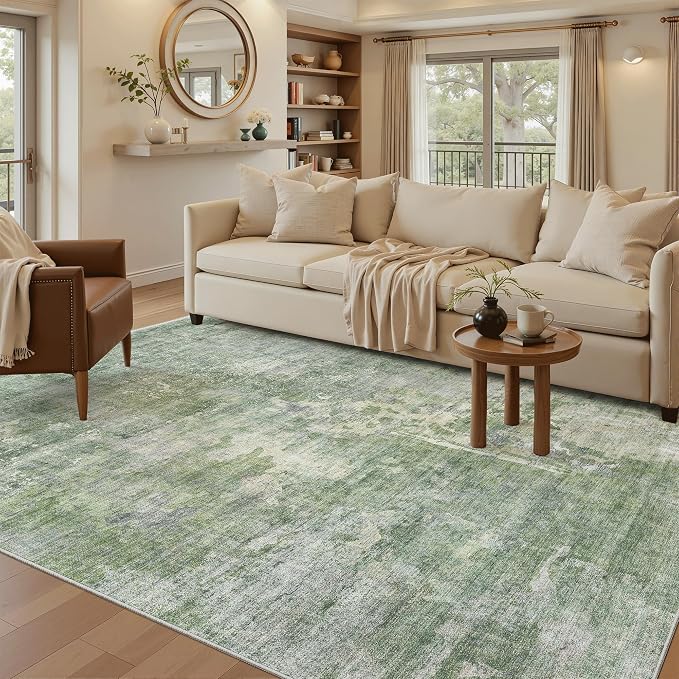 Soalmost 5x8 Area Rugs Green/Ivory Low Pile Indoor Washable Trendy Faded Style