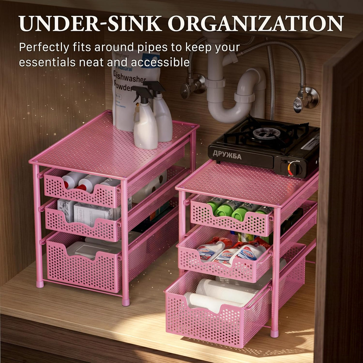Simple Houseware Stackable 3 Tier Sliding Basket Organizer Drawer, Pink