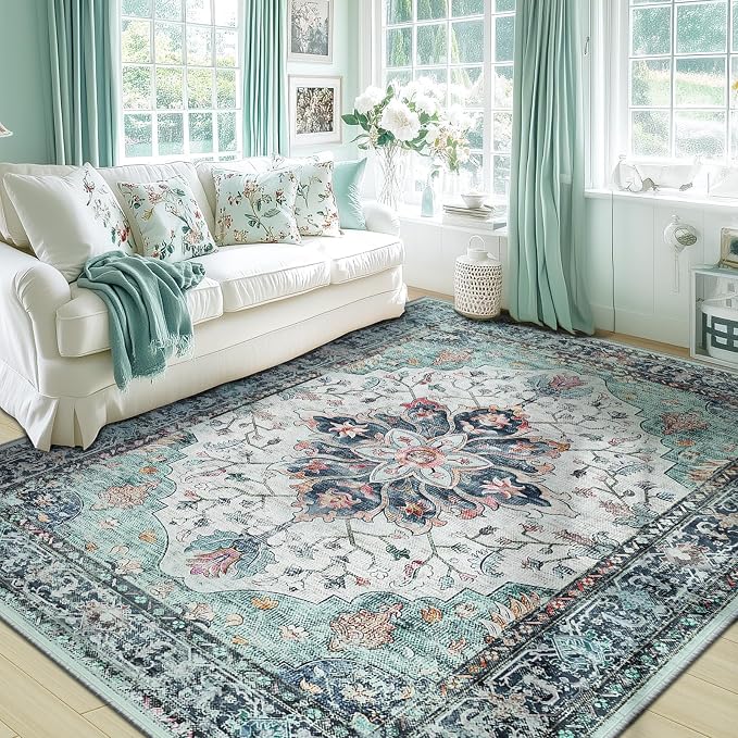 RELEANY Area Rugs 6'x8' Washable Non-Slip, Floral Vintage Distress Medallion