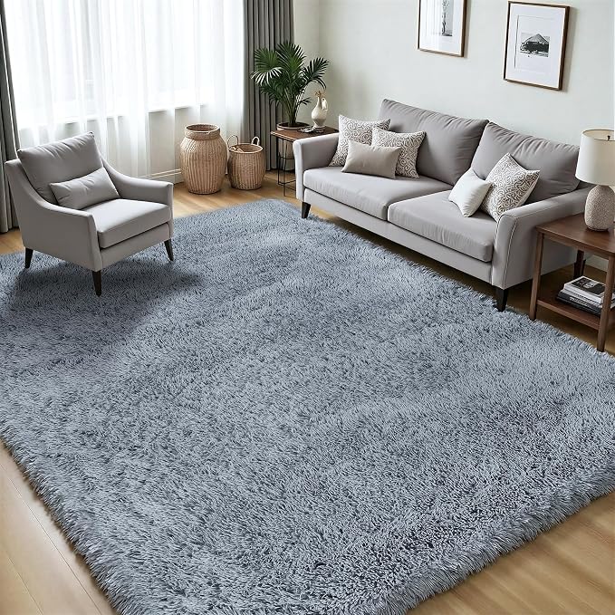 Area Rug for Living Room Bedroom: 6x9 Grey Soft Fluffy Shag Upgrade Non-Slip
