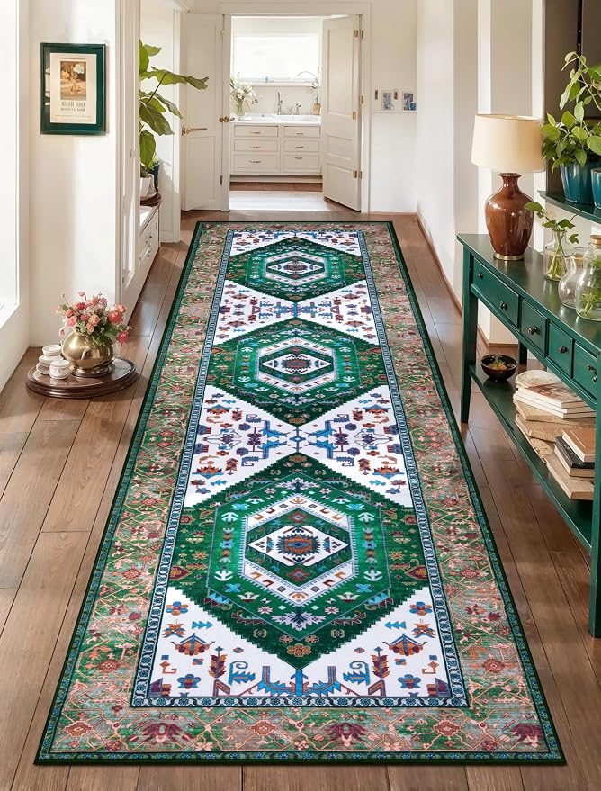 SERISSA Runner Rug for Hallways, Long Boho Rug Vintage Green White Hallway