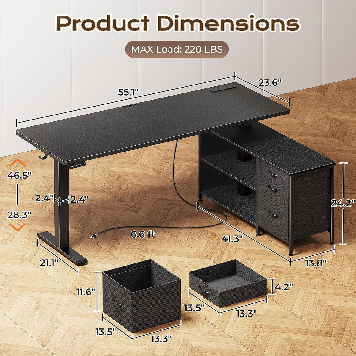 PRAISUN 55.1'' L Standing Desk with Outlets, Cabinet with Shelves, Drawers