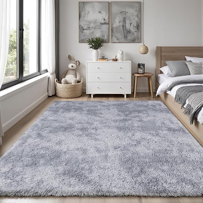 Area Rug for Living Room Bedroom: 4x6 Light Grey Soft Fluffy Shag Upgrade