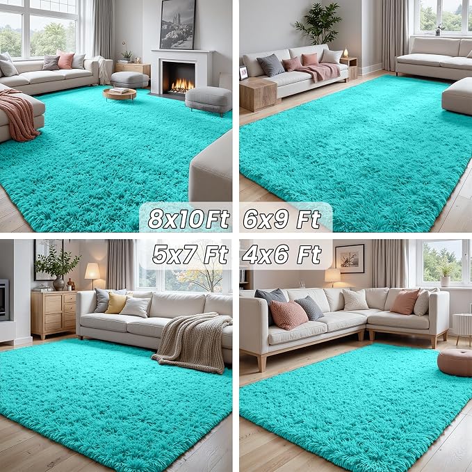 6x9 Area Rugs for Living Room Rug: Soft Fluffy Shag Teal Blue Rugs for Bedroom