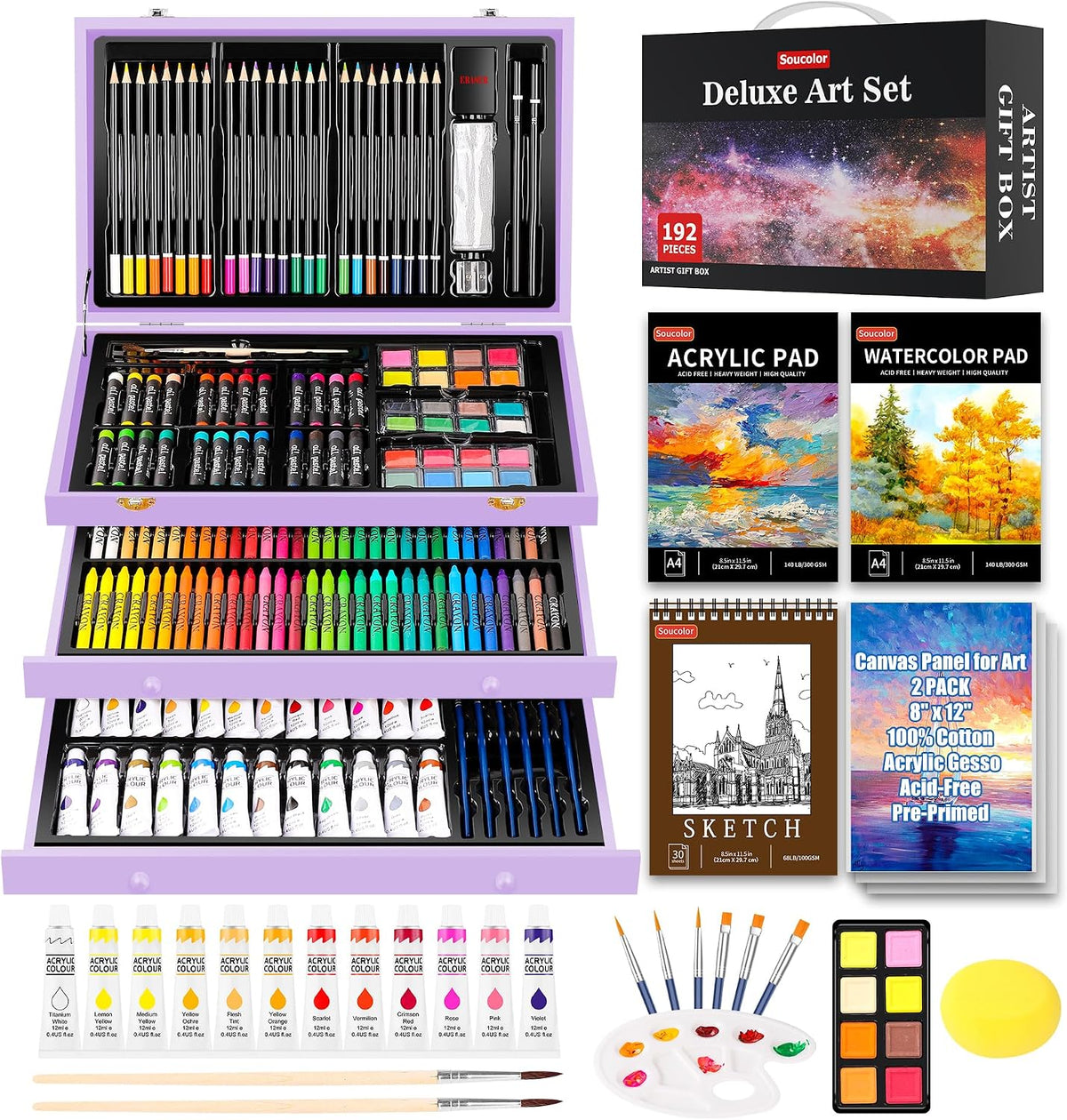 Soucolor Art Supplies,192-Pack Deluxe Art Set Drawing Painting Supplies Kit