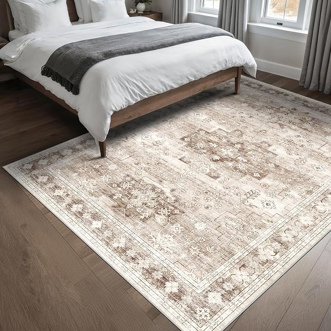 Hazo Haus Washable Neutral Farmhouse Living Room Rug, 5x7 Area Rugs