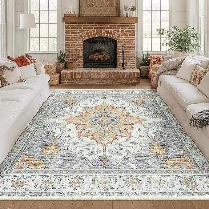 RELEANY Area Rugs Square 8ft Washable Non-Slip, Floral Vintage Distress