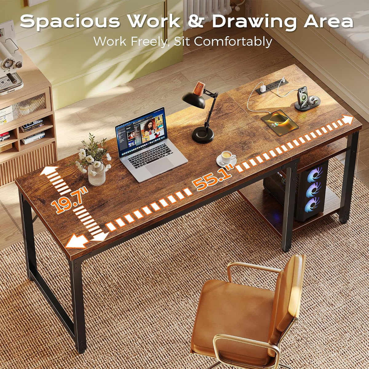 Huuger 55'' x 19.7'' Computer Desk with Power Outlets, 0.95'' Thick Desktop
