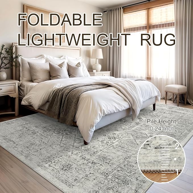 Soalmost 5x7 Area Rugs Grey Low Pile Indoor Washable Trendy Faded Style Floral