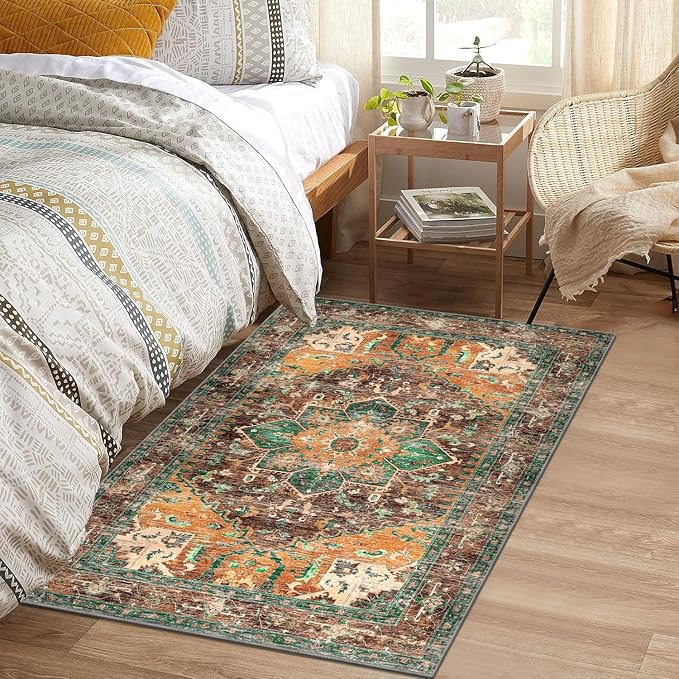 Yamaziot Washable Area Rug for Bedroom, 3x5 Non-Slip Boho Vintage Living Room