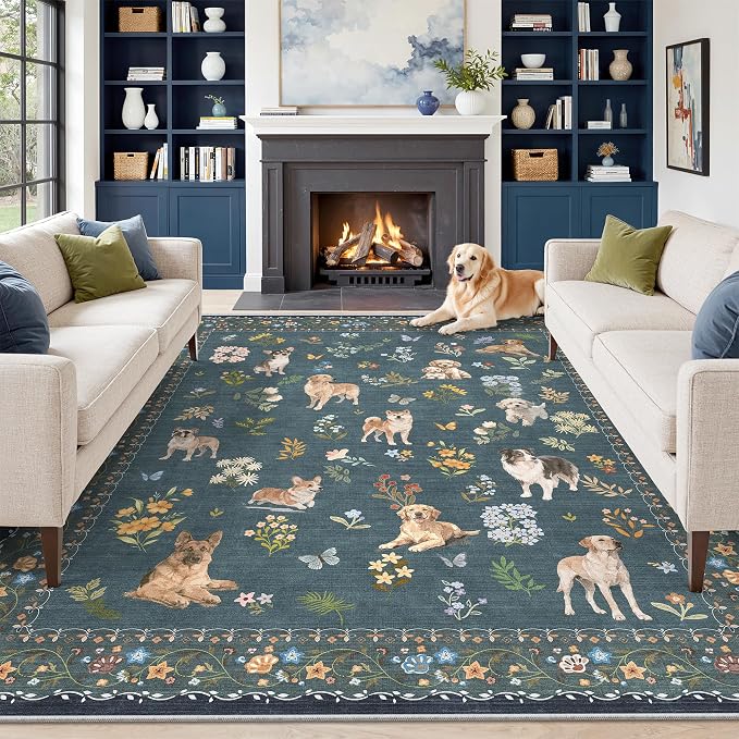 Soalmost Dog 8x10 Area Rugs for Living Room, Machine Washable Animal Floral