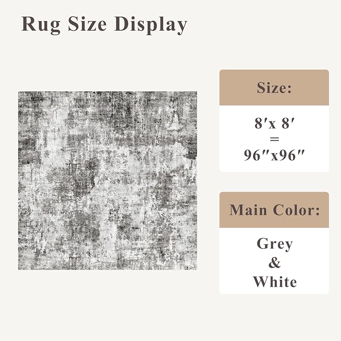 8x8 Square Area Rug Living Room – Non-Slip Washable Large Floor Carpet