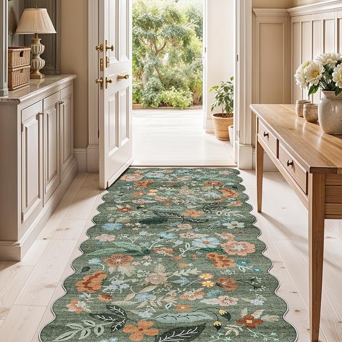 2x5 Washable Kitchen Area Rug: Floral Scalloped Entryway Runner Farmhouse