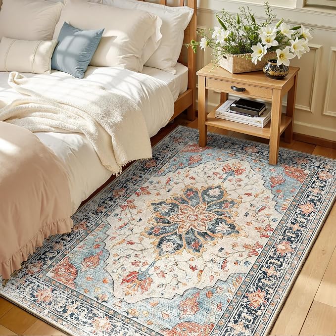 RELEANY Area Rugs 3'x5' Washable Non-Slip, Floral Vintage Distress Medallion
