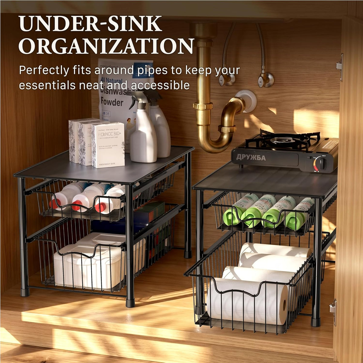 Simple Houseware Stackable Sliding Basket Organizer Drawer, Black, 2-Tier