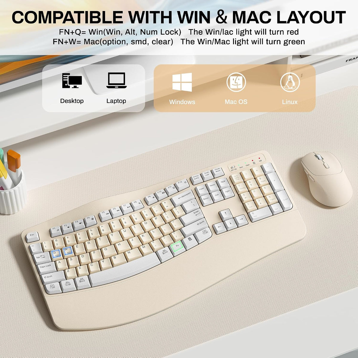Wireless Keyboard and Mouse Combo,2.4G Ergonomic Wave Keys(Latte Color-A)