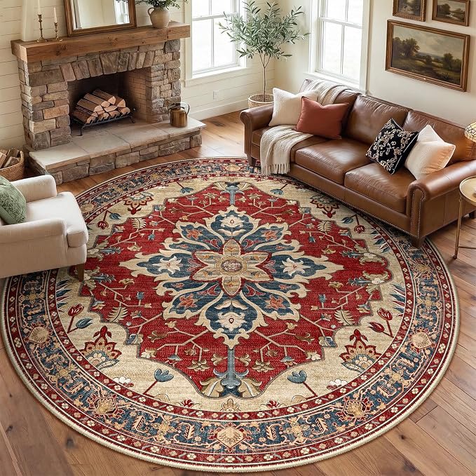 RELEANY Area Rugs Round 8ft Washable Non-Slip, Floral Vintage Distress