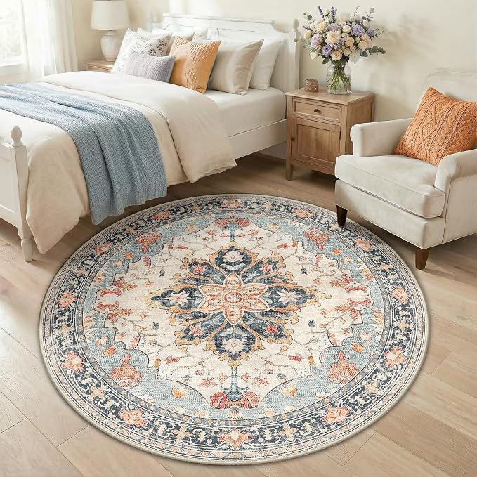 RELEANY Area Rugs Round 5ft Washable Non-Slip, Floral Vintage Distress