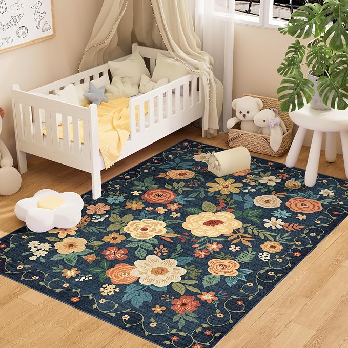 DUKINO 4x6 Area Rug, Lightweight Non Slip Washable Floral Rug, Indoor Low Pile