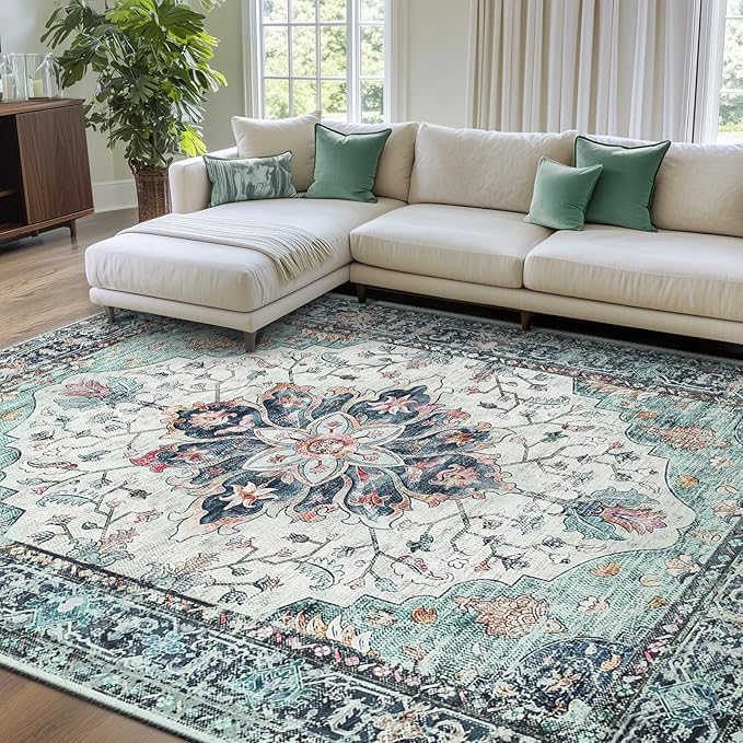 RELEANY Area Rugs 7'x10' Washable Non-Slip, Floral Vintage Distress Medallion