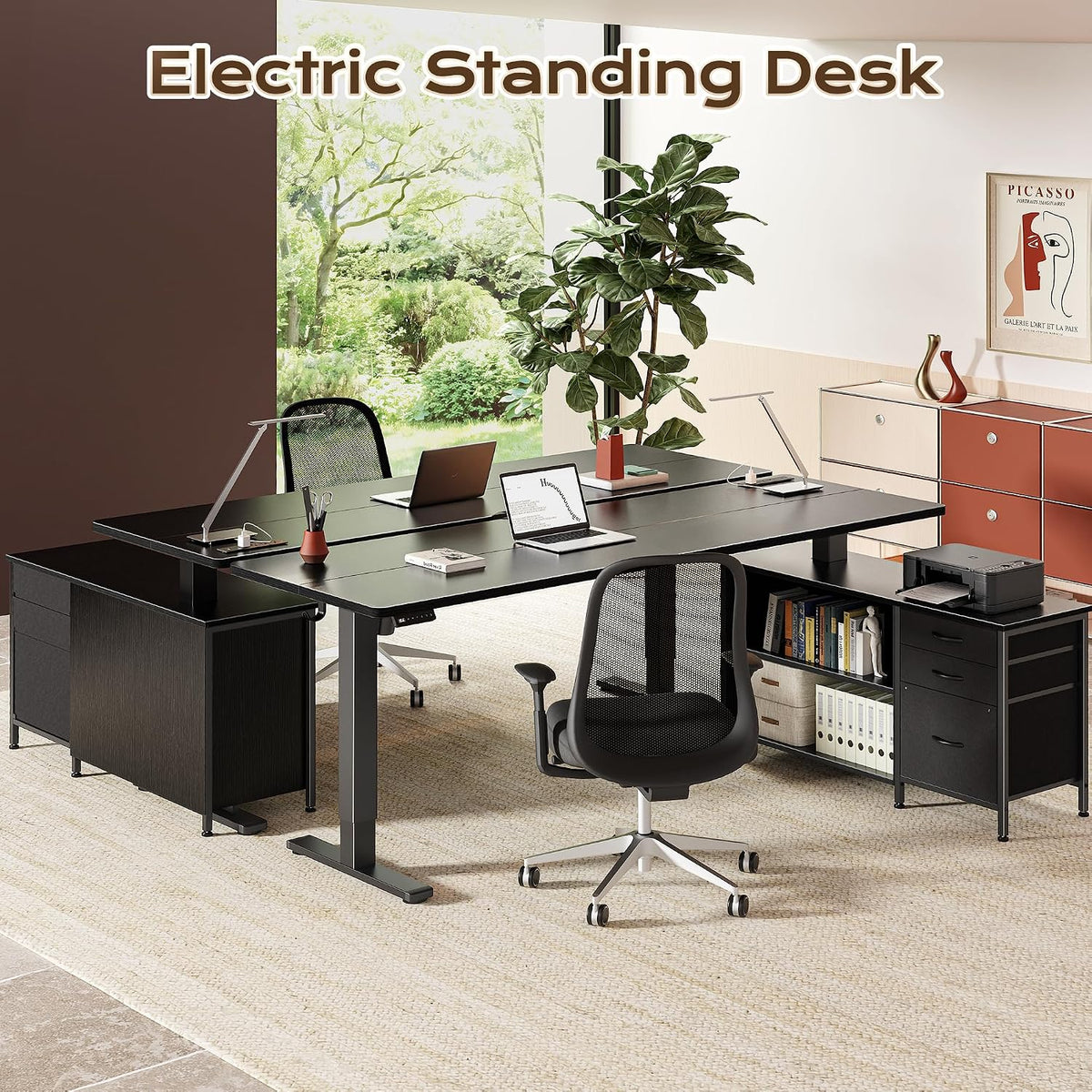 PRAISUN 63'' L Standing Desk with Outlets, Cabinet with Shelves, Drawers