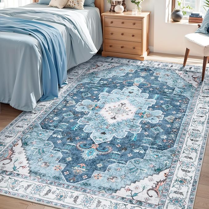 SERISSA Area Rug 4x6 Boho Rugs for Bedroom, Vintage Blue Washable Non Slip Rugs