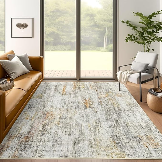 Soalmost 5x7 Area Rugs Gray Rust Low Pile Indoor Washable Trendy Faded Style