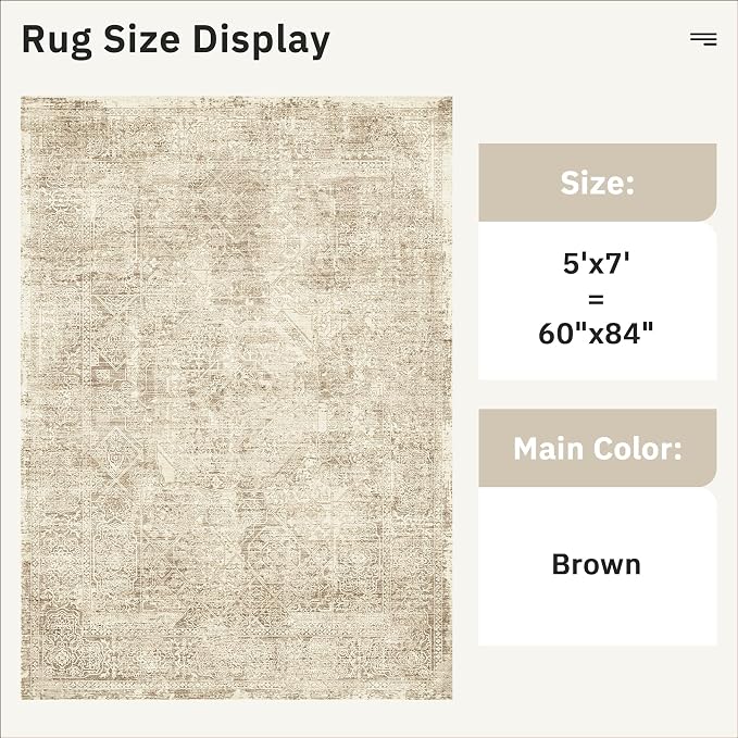 Soalmost 5x7 Area Rugs Brown Low Pile Indoor Washable Trendy Faded Style Floral