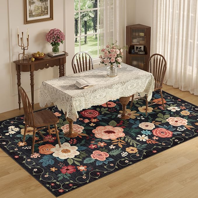 DUKINO 5x8 Area Rug for Living Room, Washable Lightweight Non Slip Floral