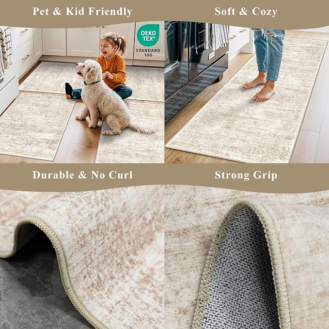 Kitchen Rugs Sets of 2, Washable Non-Slip Kitchen Mats