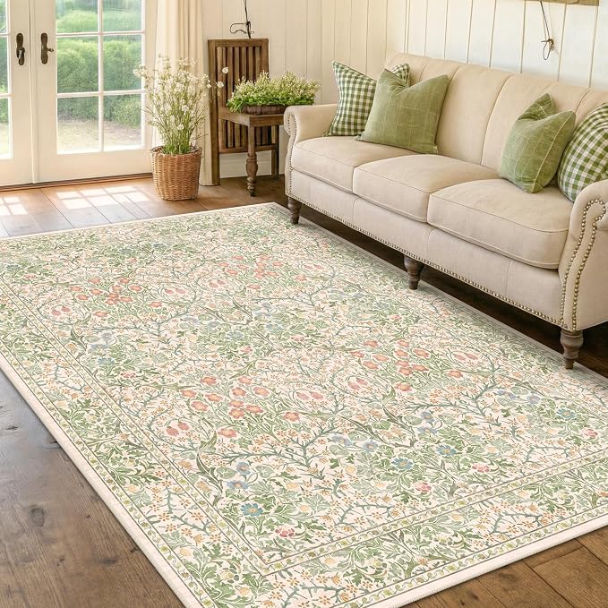 Washable Beige Green 5x8 Area Rug